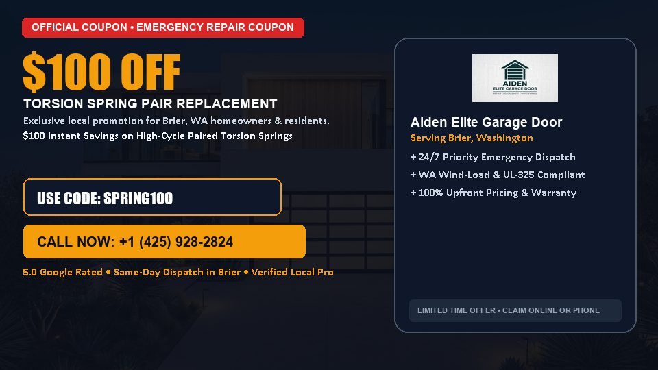 $100 OFF Dual High-Cycle Torsion Spring Replacement in Brier, WA - Aiden Elite Garage Door