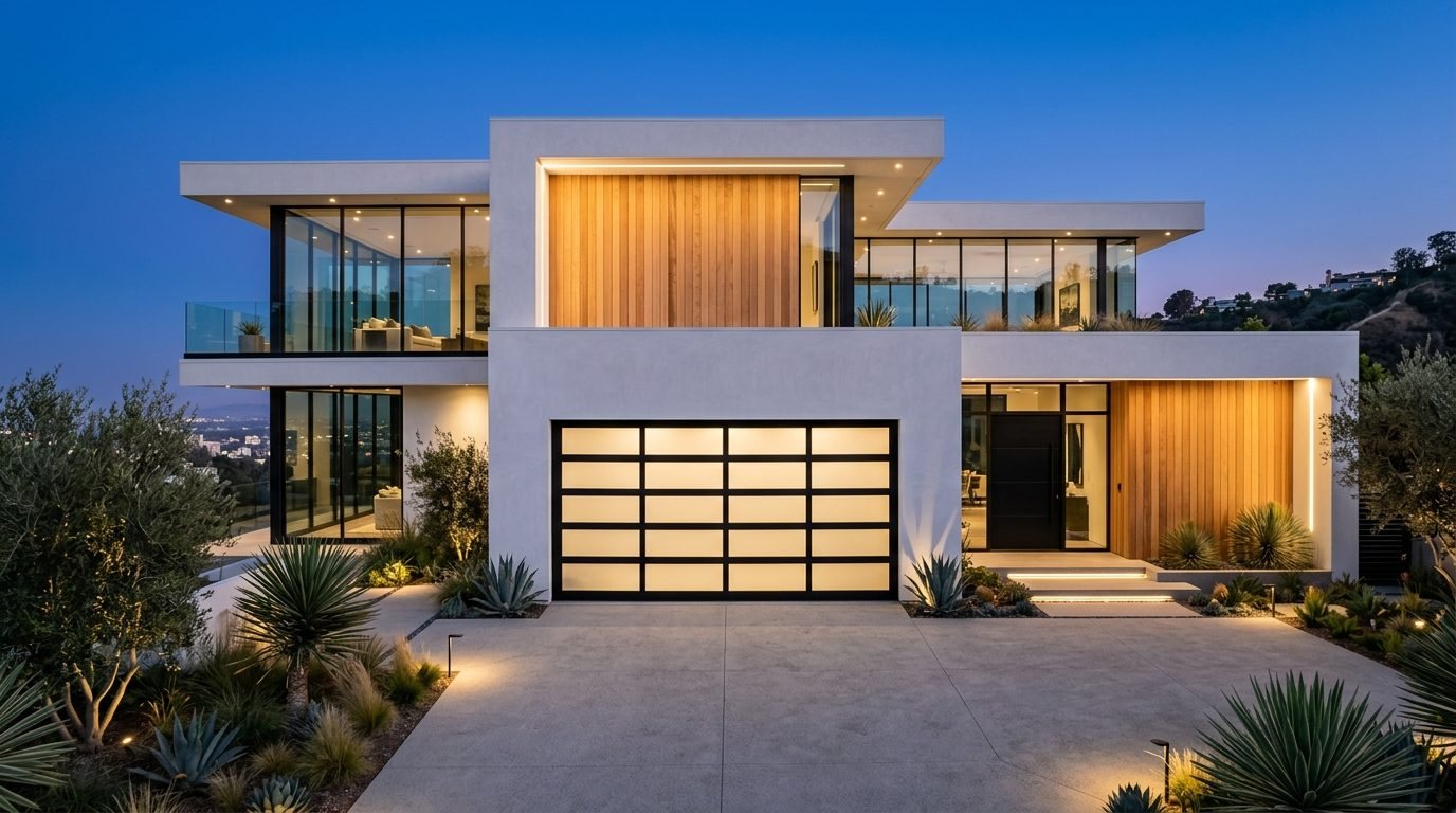 Aiden Elite Garage Door Exterior Closed Garage Door at Twilight