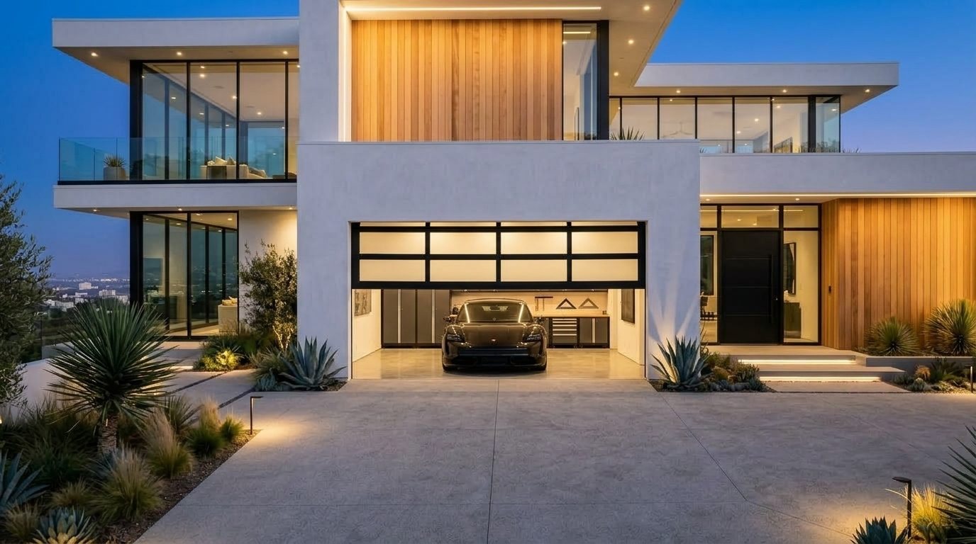 Aiden Elite Garage Door Garage Door Gliding Open Revealing Warm Illuminated Interior