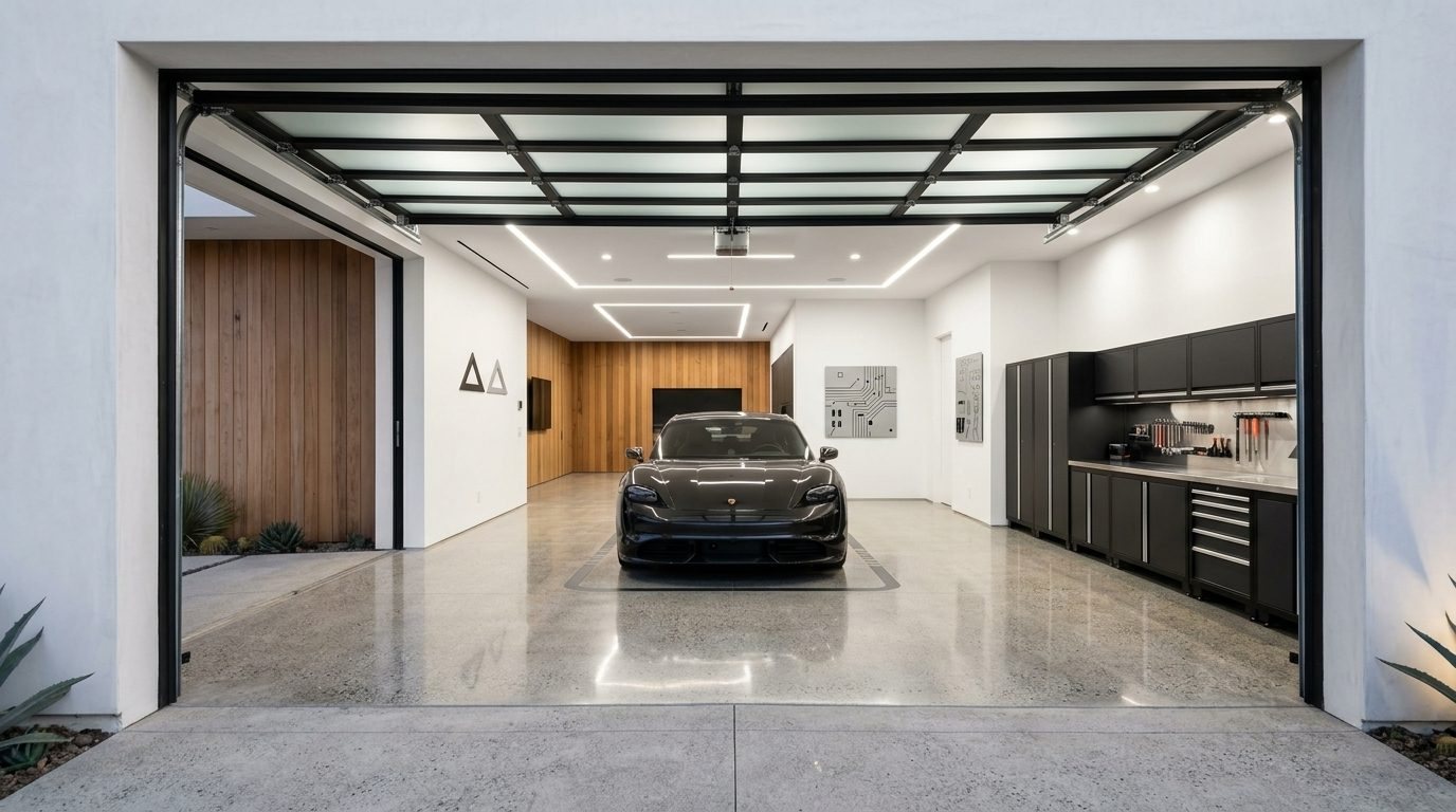 Aiden Elite Garage Door Interior View of Custom Garage Door Overhead and Workshop